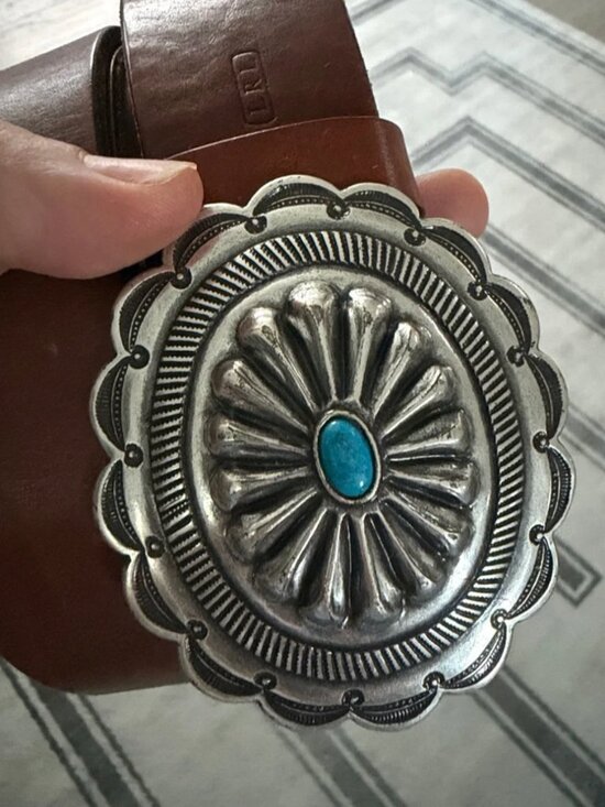Ralph Lauren concho Tan Brown Leather Belt with Silver and Turquoise Buckle S main image 5